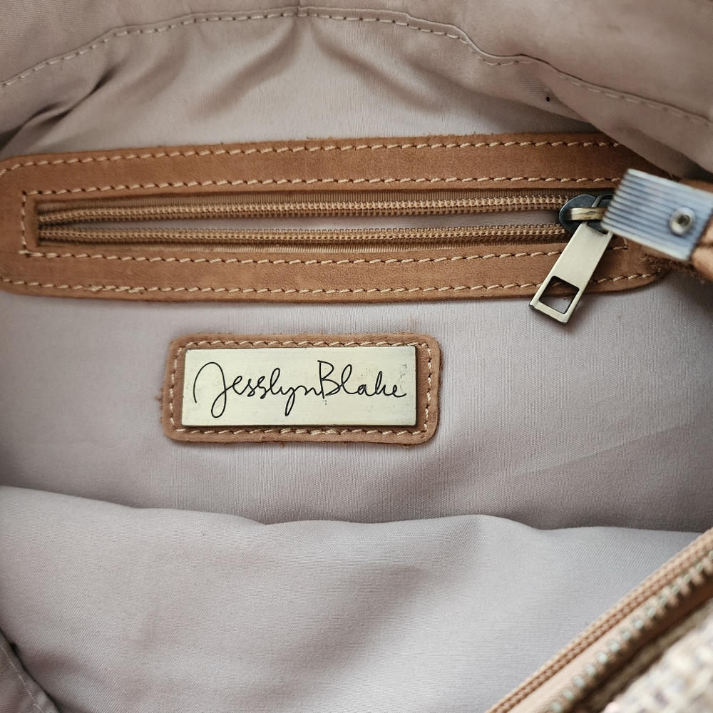 Anthropology Jesslyn Blake tan burlap canvas sparkle leather crossbody bag - Picture 4 of 9
